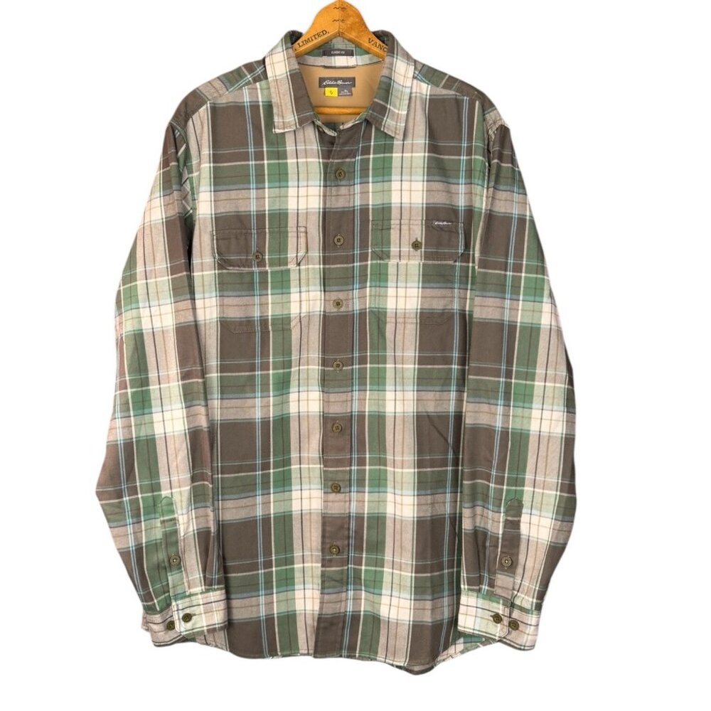 Eddie Bauer Muted Green Plaid Button Down Shirt
